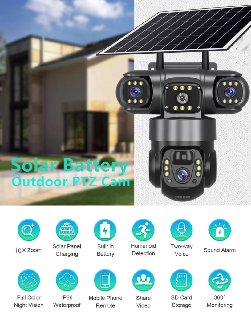 Wifi Solar Camera Outdoor 3 Lens Three Screens Solar IP Webcam PIR Hum